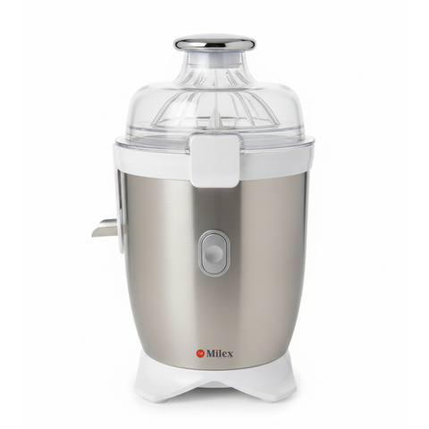 Stainless steel and white juicer with 'Milex' branding on a white background