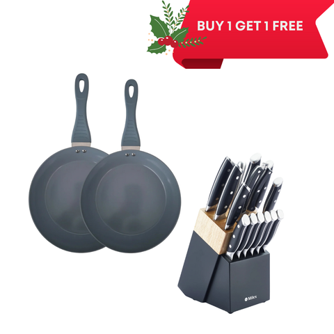 Milex Forged Aluminium Non-stick 2 pc Frying Pan Set + Milex 15pc Knife Block Set