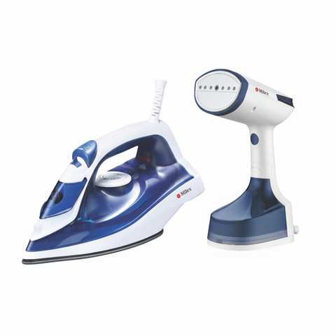 Blue and white iron and handheld steamer on a white background