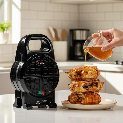 Black waffle maker on a kitchen counter with a stack of waffles and a hand pouring syrup.
