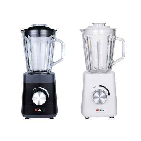 Two blenders, one black and one white, with 'Milex' branding on a white background.