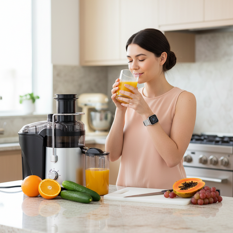 Woman drinking orange juice in a kitchen with a juicer and fruits on the counter.