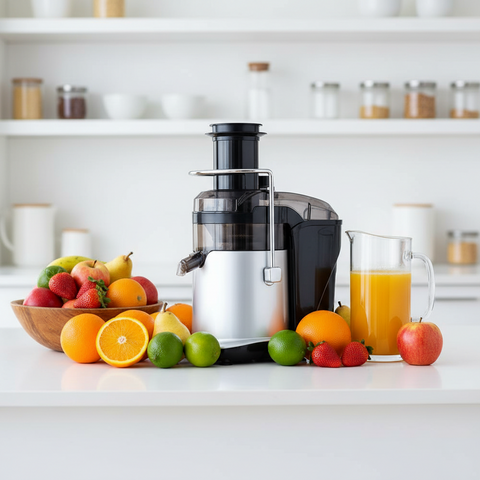 Milex Juicer on a kitchen counter with fruits and a glass of juice.