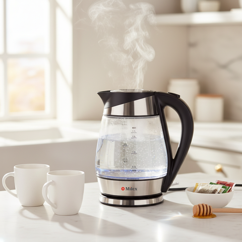 Milex electric kettle with steam rising, surrounded by white mugs and a bowl of sugar on a light surface.