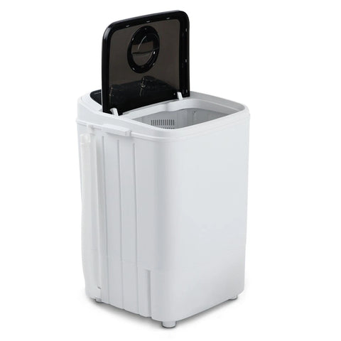 White compact washing machine with a black lid on a white background