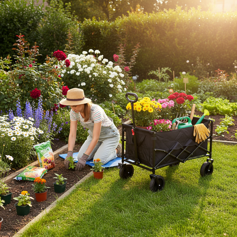Woman gardening in a colorful flower garden with a cart full of plants.