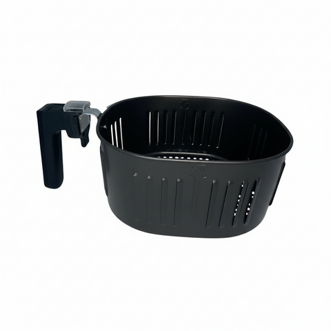 Black air fryer basket on a white background
